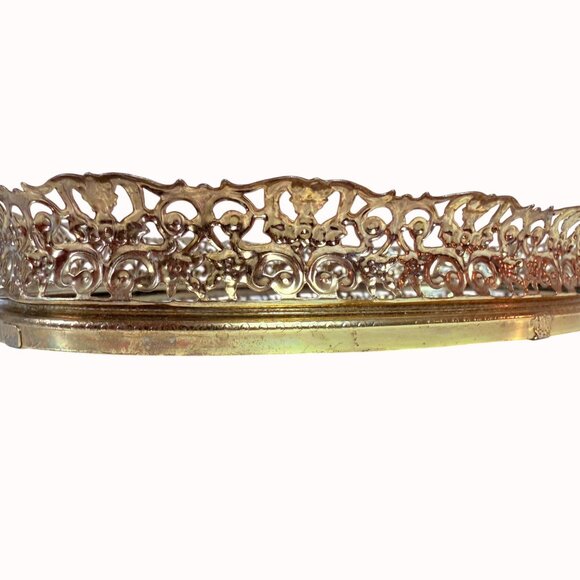 Regency Oval Mirror Vanity Tray VTG Ornate Gold Tone Filigree Glam Dresser Table - Picture 11 of 12